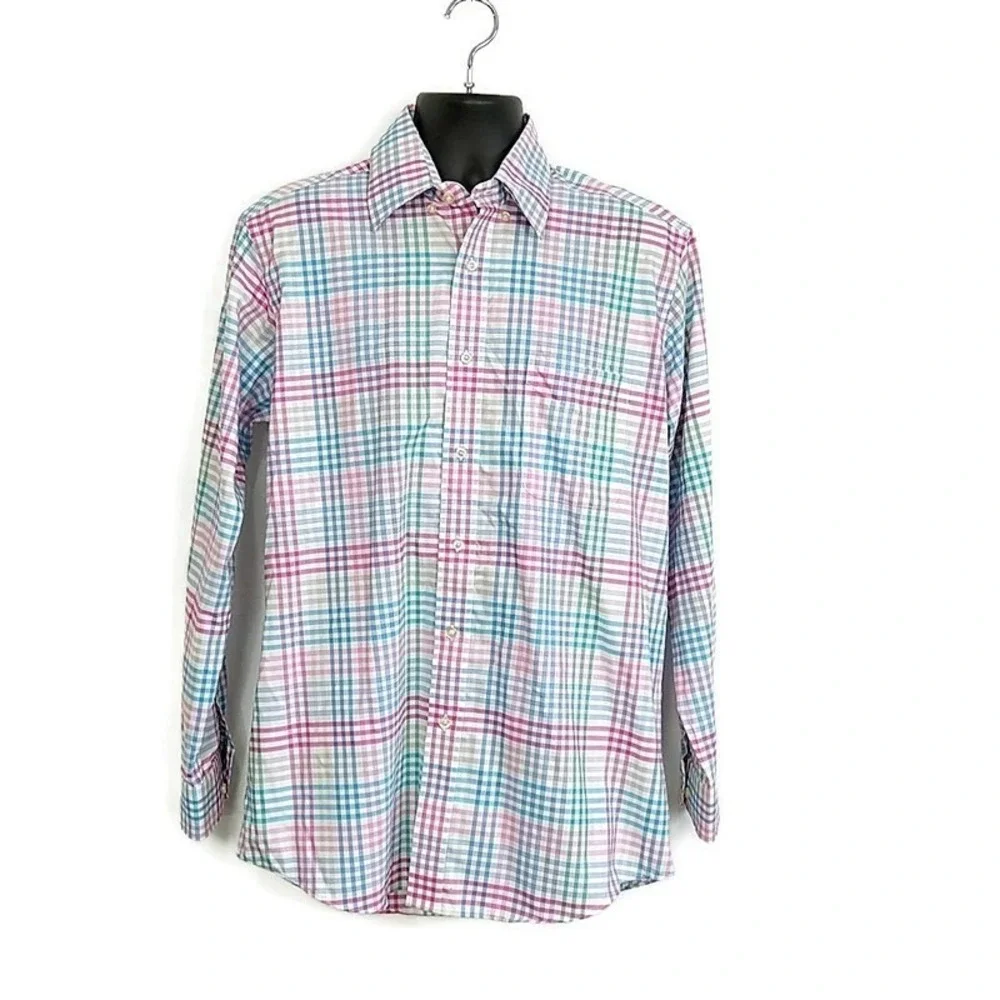 Sero by Forsyth Button Down Shirt Mens M Pink Blue Plaid No Iron Tailored Fit